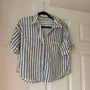 SOLD - Zara Striped Short Sleeve Button Down Blouse